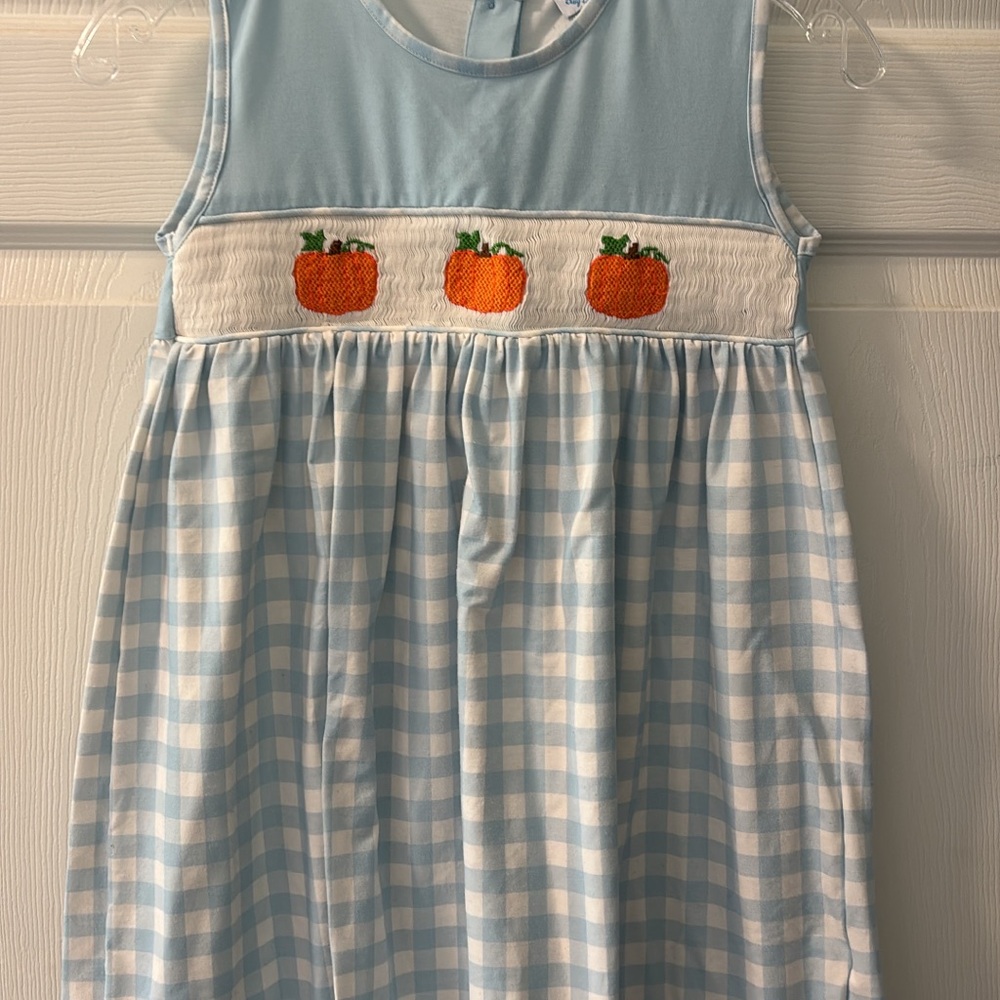 Smocked Pumpkin Sleeveless Gingham Kids Dress - Light Blue